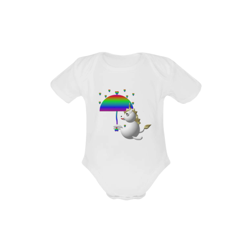 Cute Critters With Heart: Unicorn and Umbrella - White Baby Powder Organic Short Sleeve One Piece (Model T28)