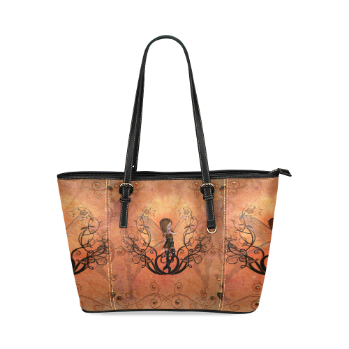 Cute fairy playing flute, Leather Tote Bag/Small (Model 1640)