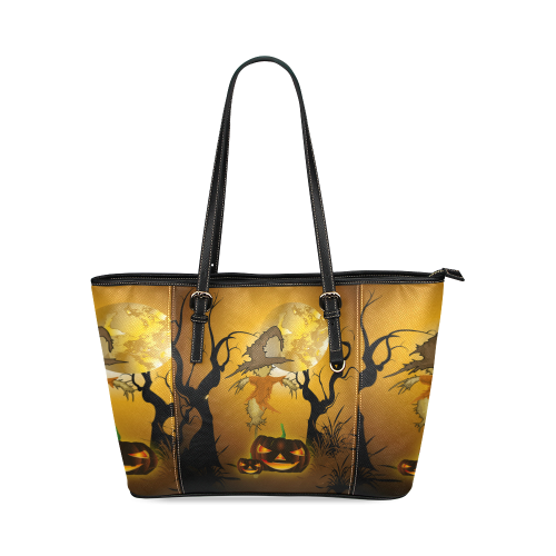 Funny scarecrow with punpkin Leather Tote Bag/Small (Model 1640)