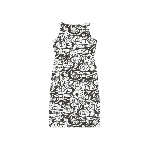 Crazy Spiral Shapes Pattern - Black White Phaedra Sleeveless Open Fork Long Dress (Model D08)