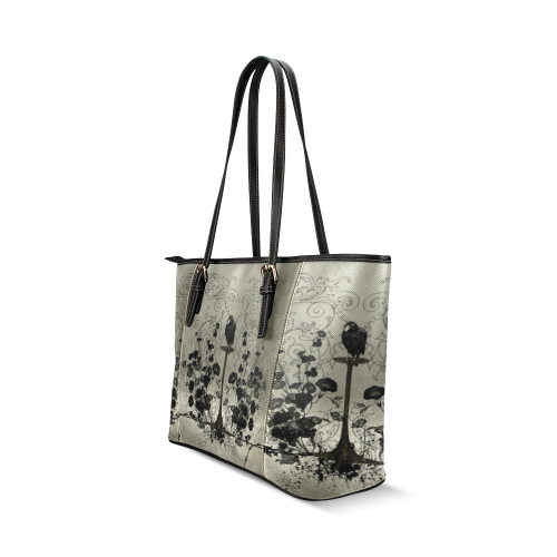 Crow with flowers on vintage background Leather Tote Bag/Small (Model 1640)
