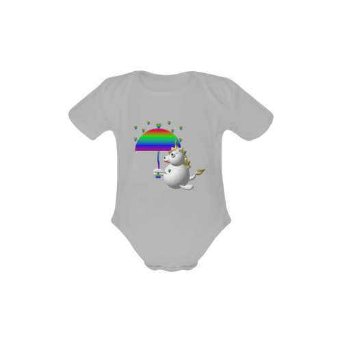 Cute Critters With Heart: Unicorn and Umbrella - Silver Baby Powder Organic Short Sleeve One Piece (Model T28)