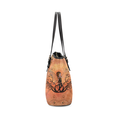 Cute fairy playing flute, Leather Tote Bag/Small (Model 1640)