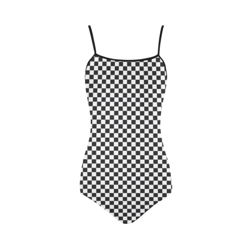 RACING / CHESS SQUARES pattern - black Strap Swimsuit ( Model S05)