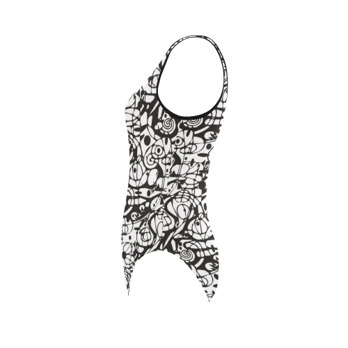 Crazy Spiral Shapes Pattern - Black White Vest One Piece Swimsuit (Model S04)