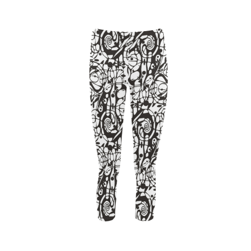 Crazy Spiral Shapes Pattern - Black White Capri Legging (Model L02)