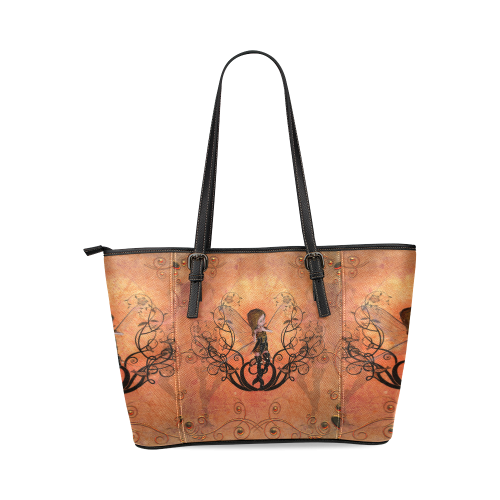 Cute fairy playing flute, Leather Tote Bag/Small (Model 1640)