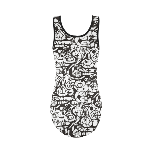 Crazy Spiral Shapes Pattern - Black White Vest One Piece Swimsuit (Model S04)