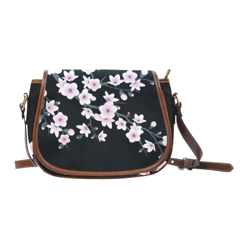 Cherry Blossoms Sakura Floral Pink Black Saddle Bag/Small (Model 1649) Full Customization