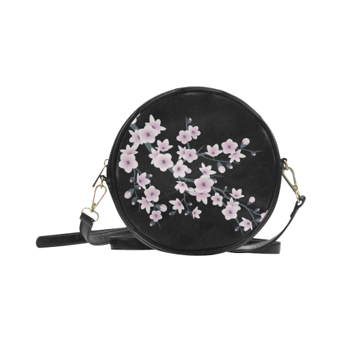 Cherry Blossoms Sakura Floral Pink Black Round Sling Bag (Model 1647)