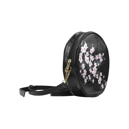 Cherry Blossoms Sakura Floral Pink Black Round Sling Bag (Model 1647)
