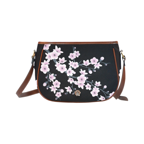 Cherry Blossoms Sakura Floral Pink Black Saddle Bag/Small (Model 1649) Full Customization