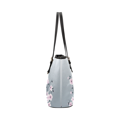 Cherry Blossoms Gray Pink Sakura Floral Asia Leather Tote Bag/Small (Model 1651)