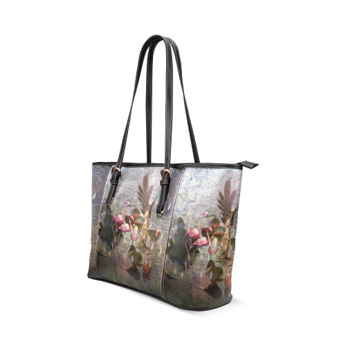 Winged Fairy with Flamingos Leather Tote Bag/Large (Model 1640)
