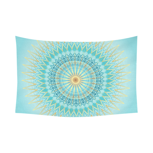 Turquoise Blue Gold Boho Mandala Colorful Cotton Linen Wall Tapestry 90"x 60"