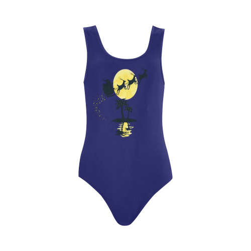 Santa flying over tropical christmas island Vest One Piece Swimsuit (Model S04)