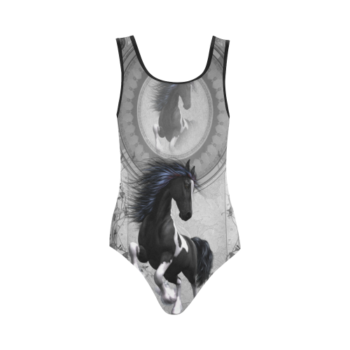 Awesome horse in black and white with flowers Vest One Piece Swimsuit (Model S04)