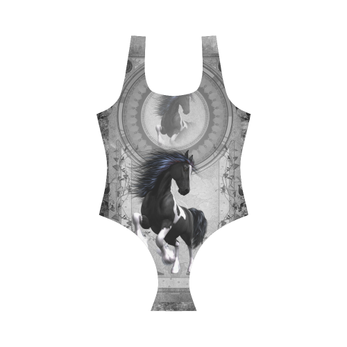 Awesome horse in black and white with flowers Vest One Piece Swimsuit (Model S04)