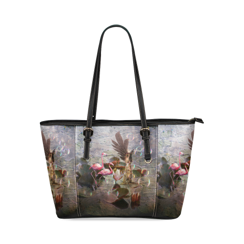 Winged Fairy with Flamingos Leather Tote Bag/Large (Model 1640)