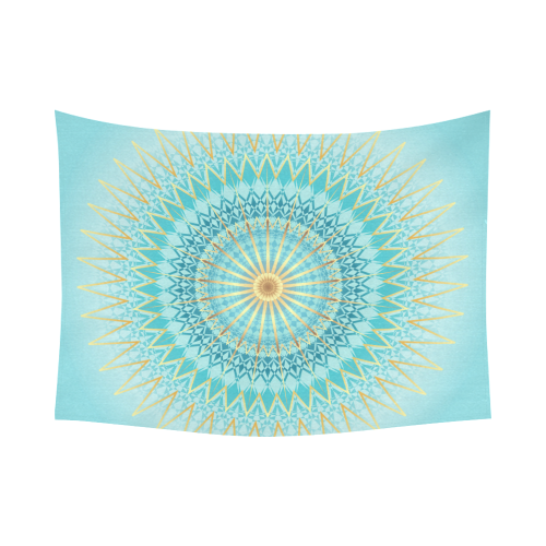 Turquoise Blue Gold Boho Mandala Colorful Cotton Linen Wall Tapestry 80"x 60"