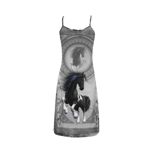 Awesome horse in black and white with flowers Alcestis Slip Dress (Model D05)