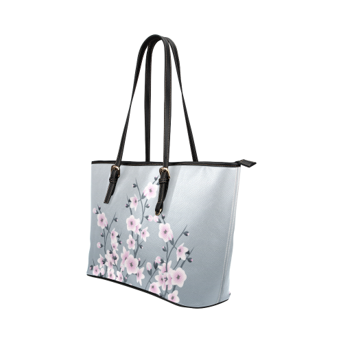 Cherry Blossoms Gray Pink Sakura Floral Asia Leather Tote Bag/Large (Model 1651)