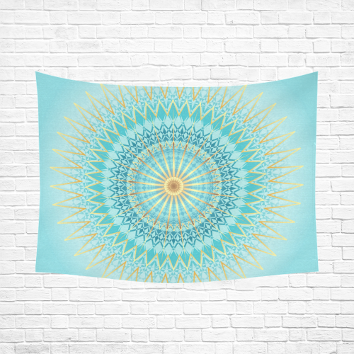 Turquoise Blue Gold Boho Mandala Colorful Cotton Linen Wall Tapestry 80"x 60"