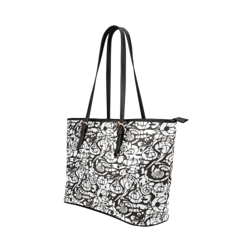 Crazy Spiral Shapes Pattern - Black White Leather Tote Bag/Small (Model 1651)