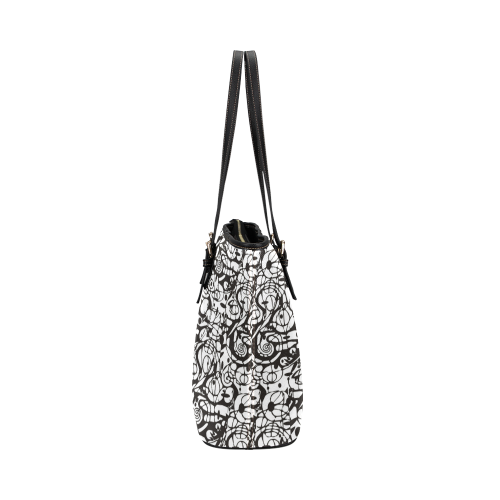 Crazy Spiral Shapes Pattern - Black White Leather Tote Bag/Large (Model 1651)