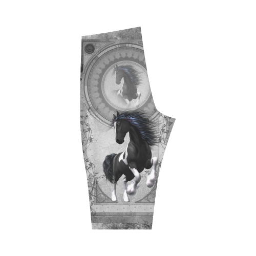 Awesome horse in black and white with flowers Hestia Cropped Leggings (Model L03)