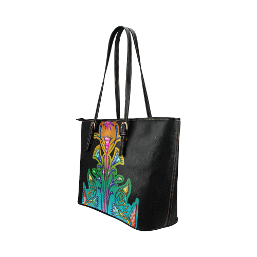 Art Deco Grunge Flower Ornaments Leather Tote Bag/Small (Model 1651)