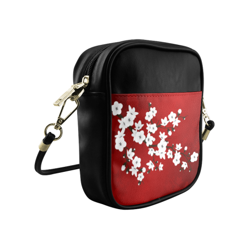 Cherry Blossoms Red Black White Japanese Asia Floral Sling Bag (Model 1627)