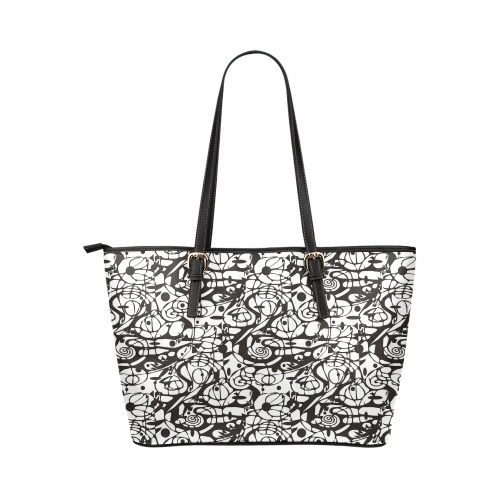 Crazy Spiral Shapes Pattern - Black White Leather Tote Bag/Large (Model 1651)