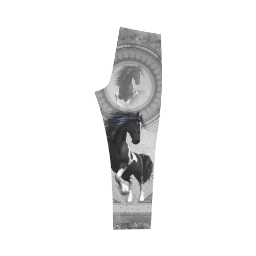 Awesome horse in black and white with flowers Capri Legging (Model L02)