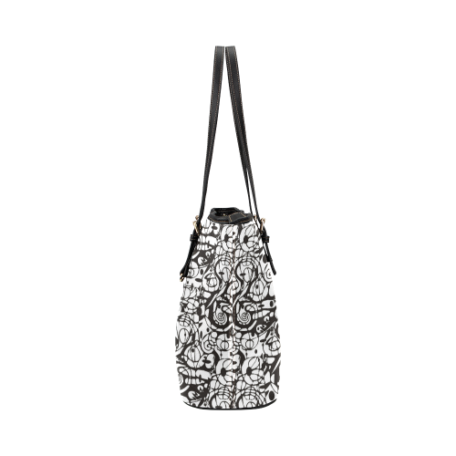 Crazy Spiral Shapes Pattern - Black White Leather Tote Bag/Large (Model 1651)