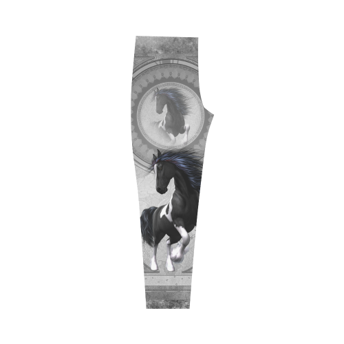 Awesome horse in black and white with flowers Capri Legging (Model L02)
