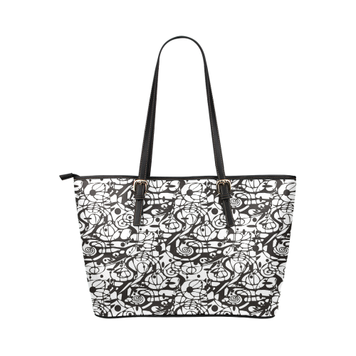 Crazy Spiral Shapes Pattern - Black White Leather Tote Bag/Small (Model 1651)