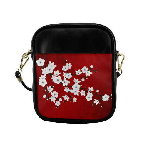 Cherry Blossoms Red Black White Japanese Asia Floral Sling Bag (Model 1627)