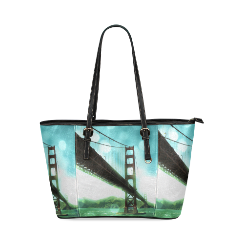 Green Bokeh Golden Gate Bridge Leather Tote Bag/Large (Model 1640)
