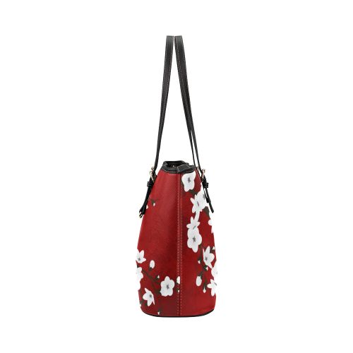 Cherry Blossoms Red Black White Japanese Asia Floral Leather Tote Bag/Small (Model 1651)