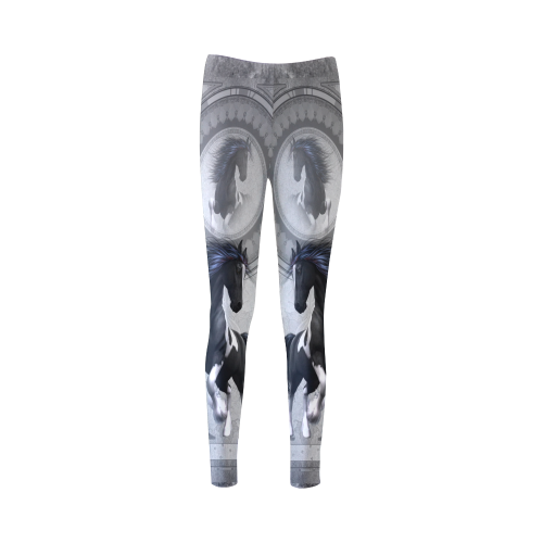 Awesome horse in black and white with flowers Cassandra Women's Leggings (Model L01)