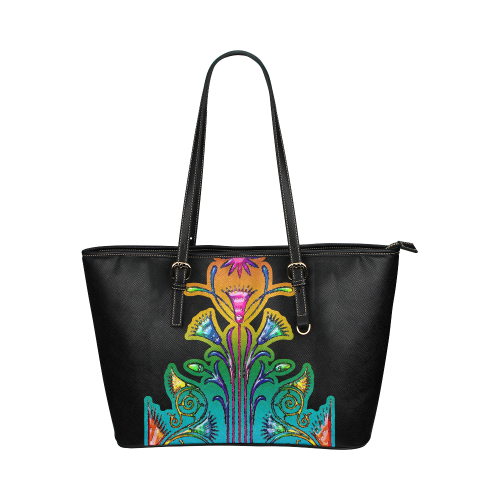 Art Deco Grunge Flower Ornaments Leather Tote Bag/Small (Model 1651)