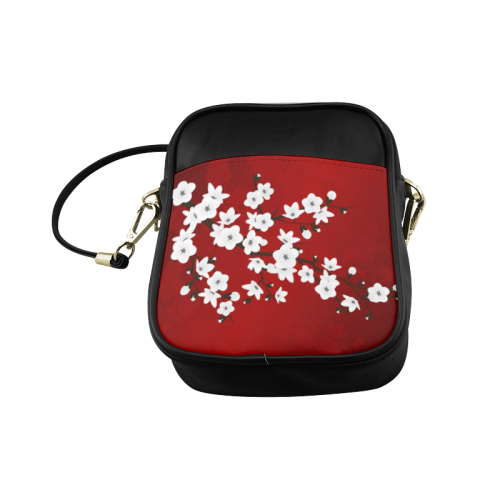 Cherry Blossoms Red Black White Japanese Asia Floral Sling Bag (Model 1627)