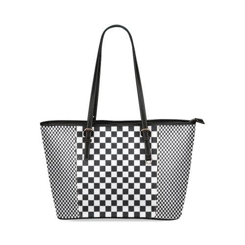 RACING / CHESS SQUARES pattern - black Leather Tote Bag/Large (Model 1640)
