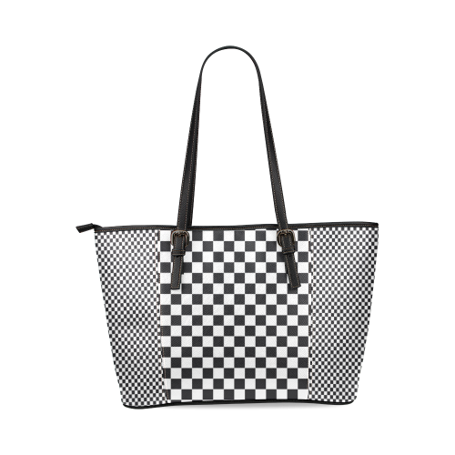 RACING / CHESS SQUARES pattern - black Leather Tote Bag/Large (Model 1640)