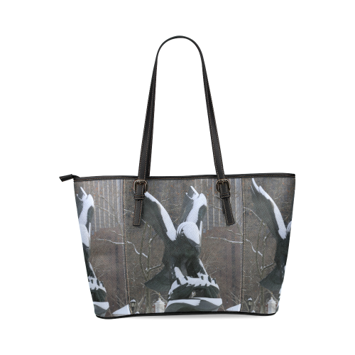 NYC Snowy Winter Eagle Statue Leather Tote Bag/Large (Model 1640)