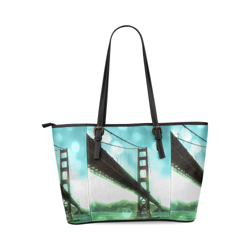 Green Bokeh Golden Gate Bridge Leather Tote Bag/Large (Model 1640)