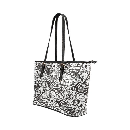 Crazy Spiral Shapes Pattern - Black White Leather Tote Bag/Large (Model 1651)