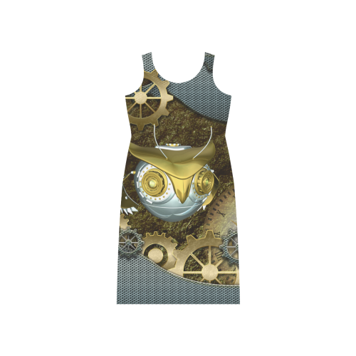 Steampunk, awesom mechanical owl Phaedra Sleeveless Open Fork Long Dress (Model D08)