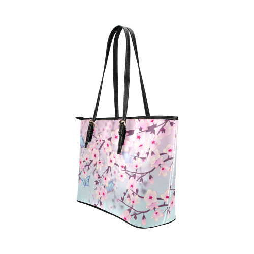 Cherry Blossoms Pastel Floral Sakura Leather Tote Bag/Small (Model 1651)
